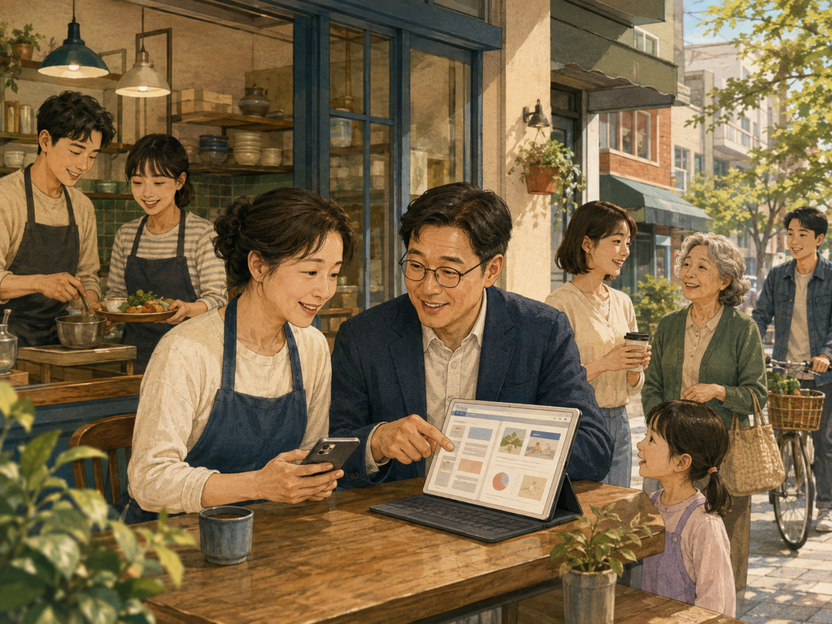 가게 운영자와 지역 단체 담당자가 스마트폰과 웹페이지로 고객을 연결하는 모습